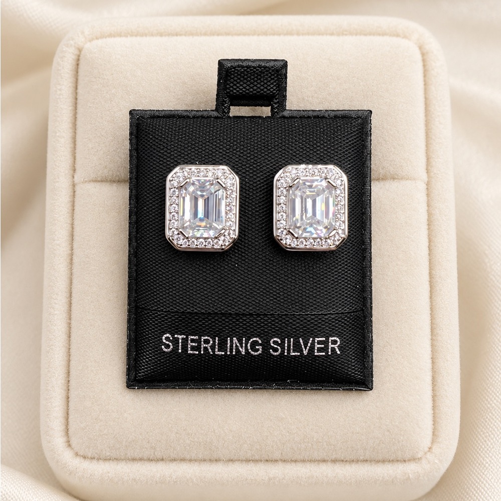 925 Sterling Silver Emerald-Cut Halo Stud Earrings 4.00CTW MOISSANITE